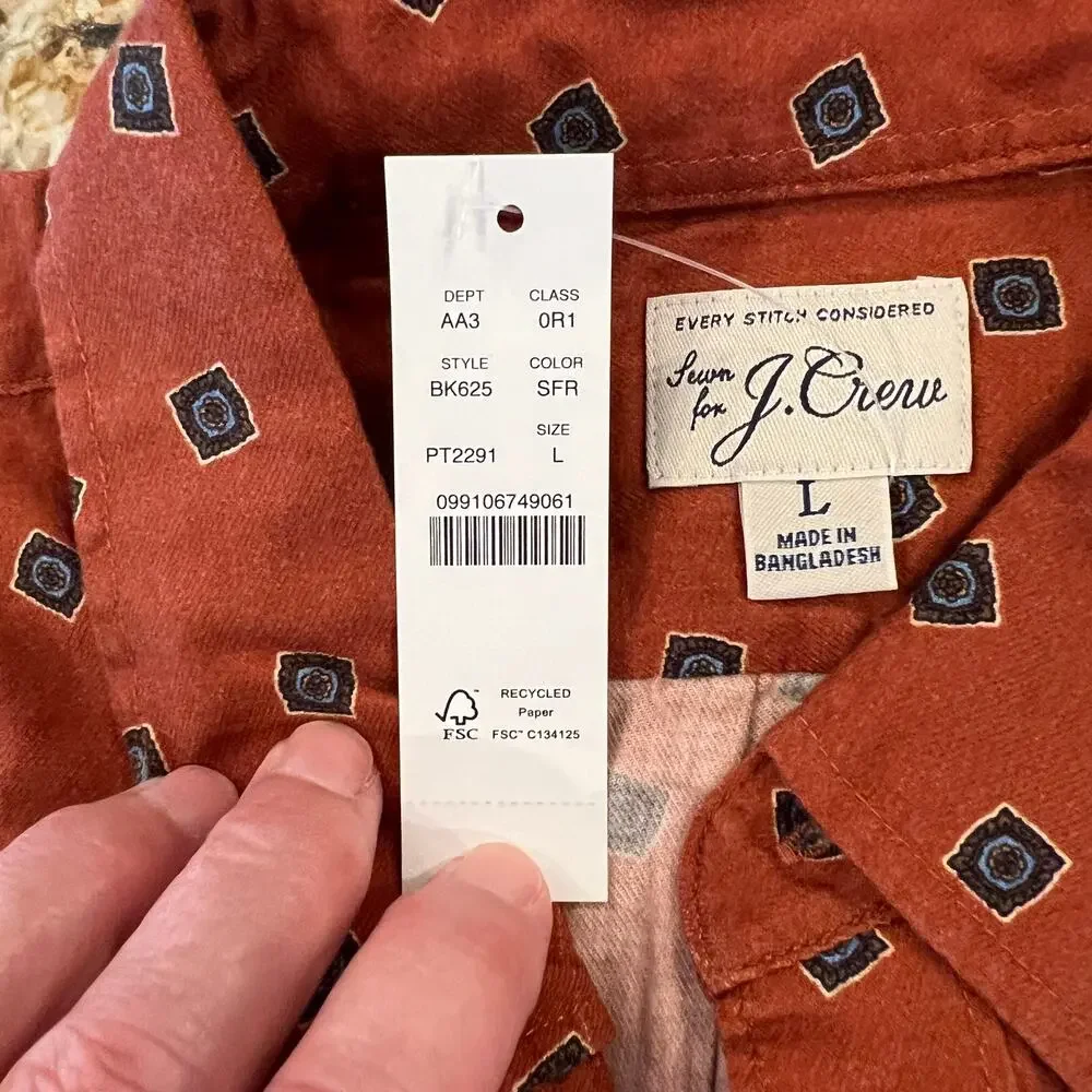 NWT J. Crew Men's Square Flower Red/Rust Blue Cotton-Wool Challis Shirt